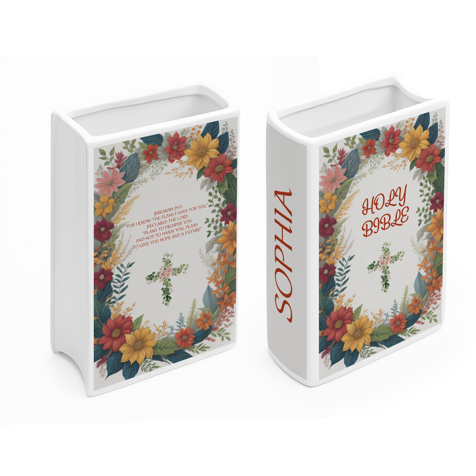 Personalized Ceramic Book Vase with Bible Verse for Faith Decor, Christian Bookshelf Vase, Faith Inspired Shelf Decor CBLAF09